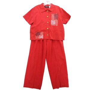 Sag Harbor 2pc‎ Set Art To Wear Red Linen Blend Top & Wide Leg Pants 16